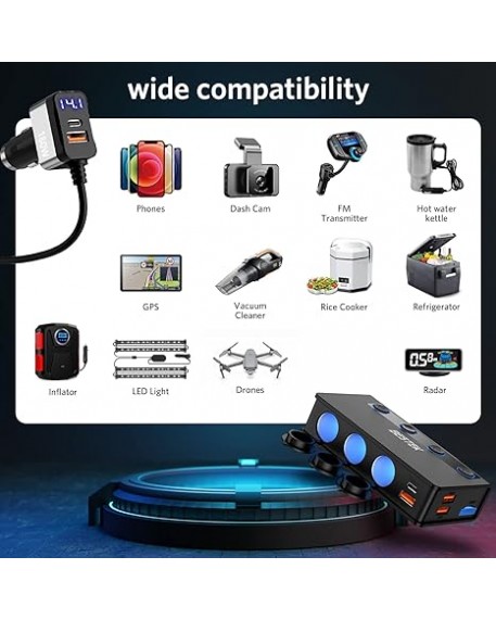 BESTEK 180W Cigarette Lighter Adapter Splitter with PD36W/65W and QC3.0 18W LED Voltage Display for 12V/24V Vehicles Black